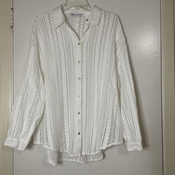 ZARA white crochet knit button down resort wear long sleeve beach top XL - Picture 1 of 6